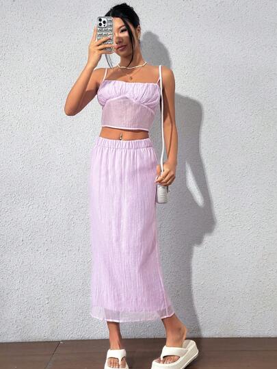 Flirla Solid Color Pleated Texture Cami Top & Elastic Waist Skirt