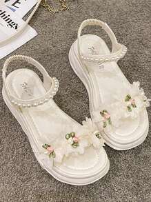 女性花卉設計連衣裙涼鞋，夏季新款，多功能厚底法式楔型和平底羅馬涼鞋 - 米色 - 查看 7