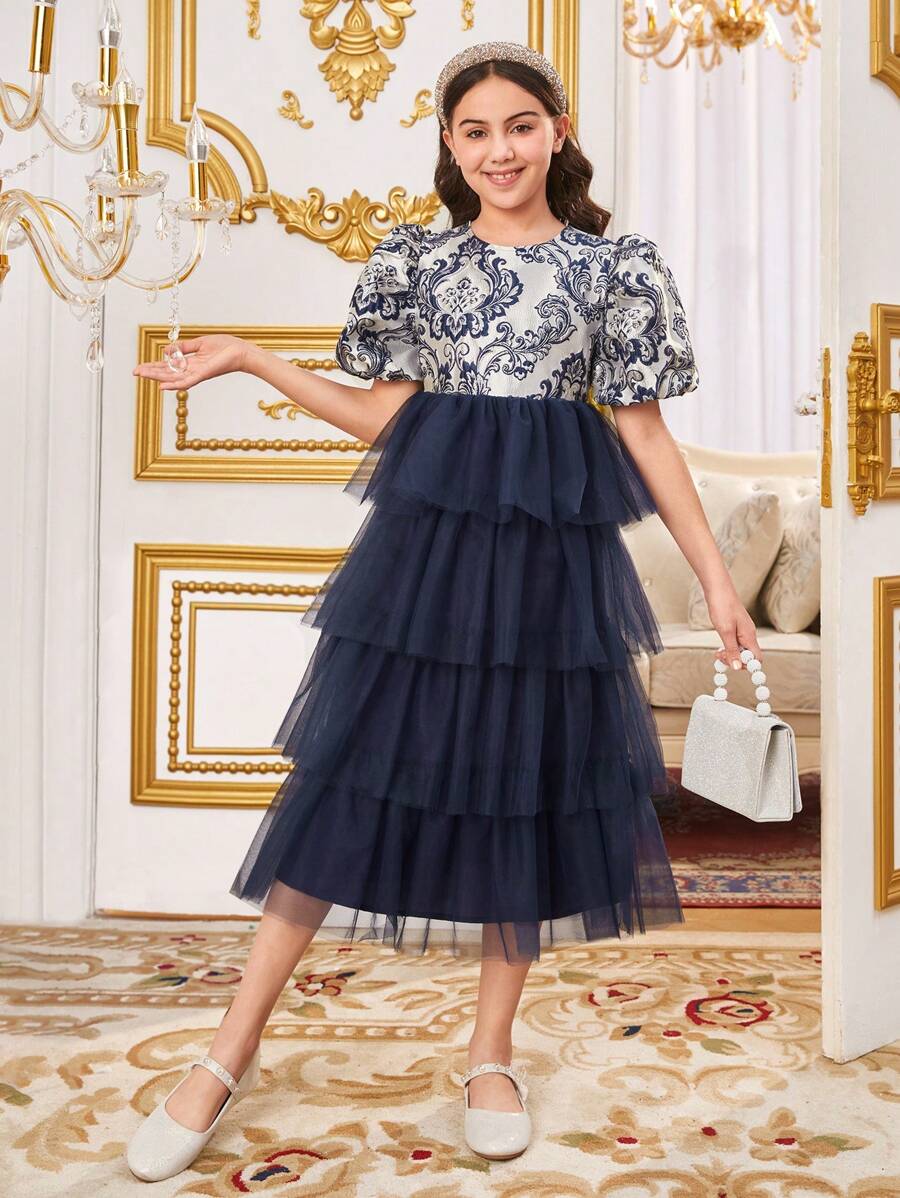 SHEIN Chiếc váy chắp vá cổ tròn xếp nếp dễ thương và tuyệt đẹp dành cho các cô gái Tween - Xanh đậm - Xem 1