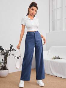 SHEIN PETITE Solid High Waist Pants - Navy Blue - View 5