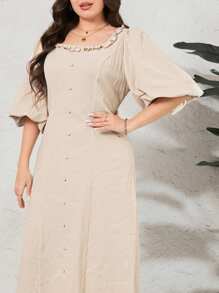 Mulvari Vestido De Tamaño Grande De Manga De Linterna De Color Sólido Con Botones Decorativos - Caqui - Ver 3