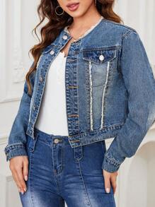 SHEIN LUNE Raw Hem Cropped Denim Jacket - Light Wash - View 3