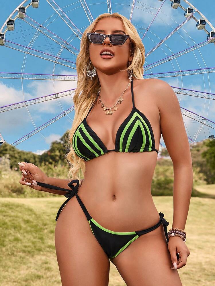 Women's Striped Halter Neck Tie Two-Piece Bikini Set Summer Beach