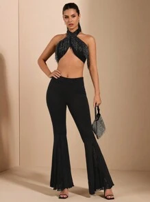 SHEIN BAE Music Festival Lace Fringe Overlay Halter Top