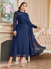 Modelyn Plus Size Women's Long Sleeve Pleated Mesh Contrast Ribbon Dress - Navy Blue - View 5