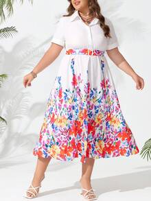SHEIN Holidaya Váy chữ A in hoa tay ngắn cỡ lớn cho nữ - trắng - Xem 3