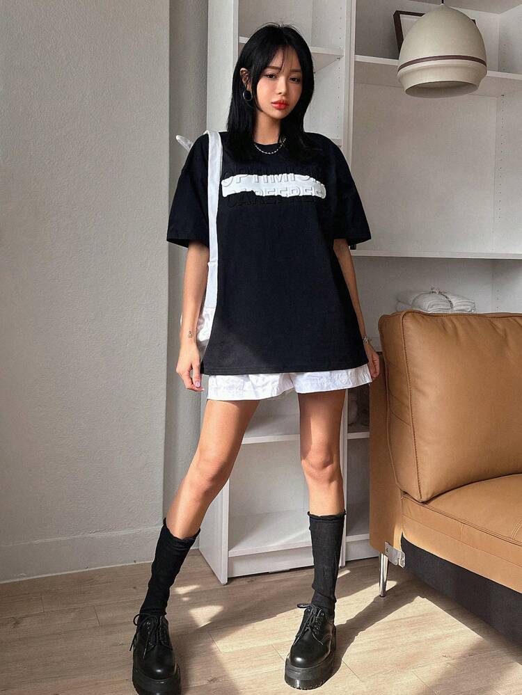 Women's Short Sleeve Tee With Printed Alphabet And Embossed Texture, Round Neck Summer,Graphic Tees,Back To School Clothes