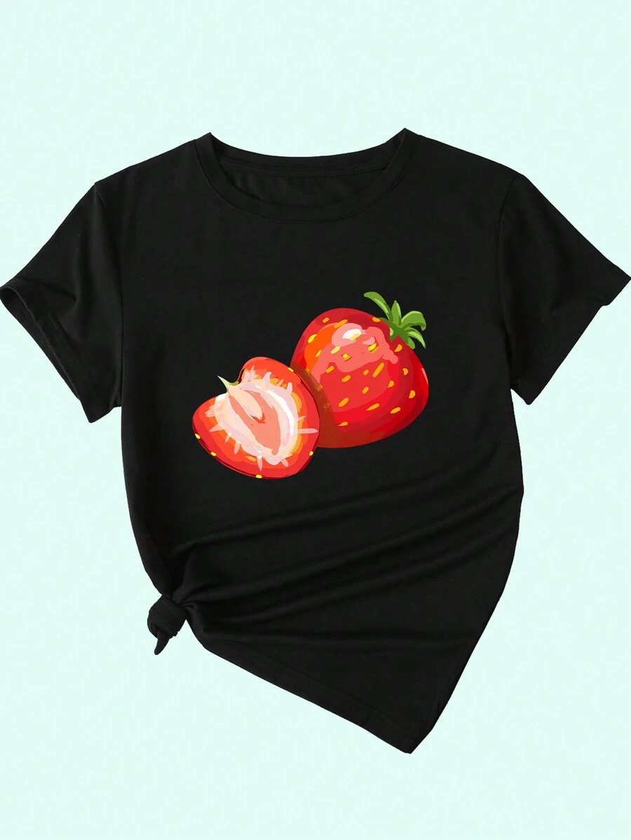 SHEIN Unity Women's Strawberry Printed Short Sleeve T-Shirt - Black - View 1
