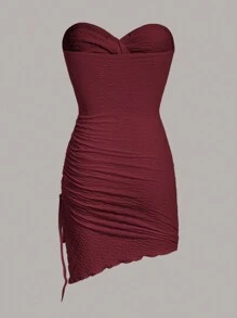 SHEIN ICON Cut Out Drawstring Side Asymmetrical Hem Tube Bodycon Mini Dress - Burgundy - View 8