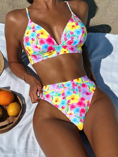 SHEIN Swim Conjunto de bikini con impresión colorida para mujer para la playa de verano con top y Bottom separados, traje de baño
