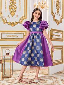 SHEIN Tween Girls' Cute Cap Sleeves Dress With Fabric Patchwork