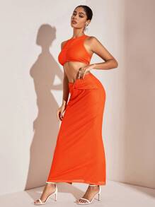 SHEIN BAE Women's Textured Ruched Crop Top And Twisted High Waist Skirt Set - Orange - View 6