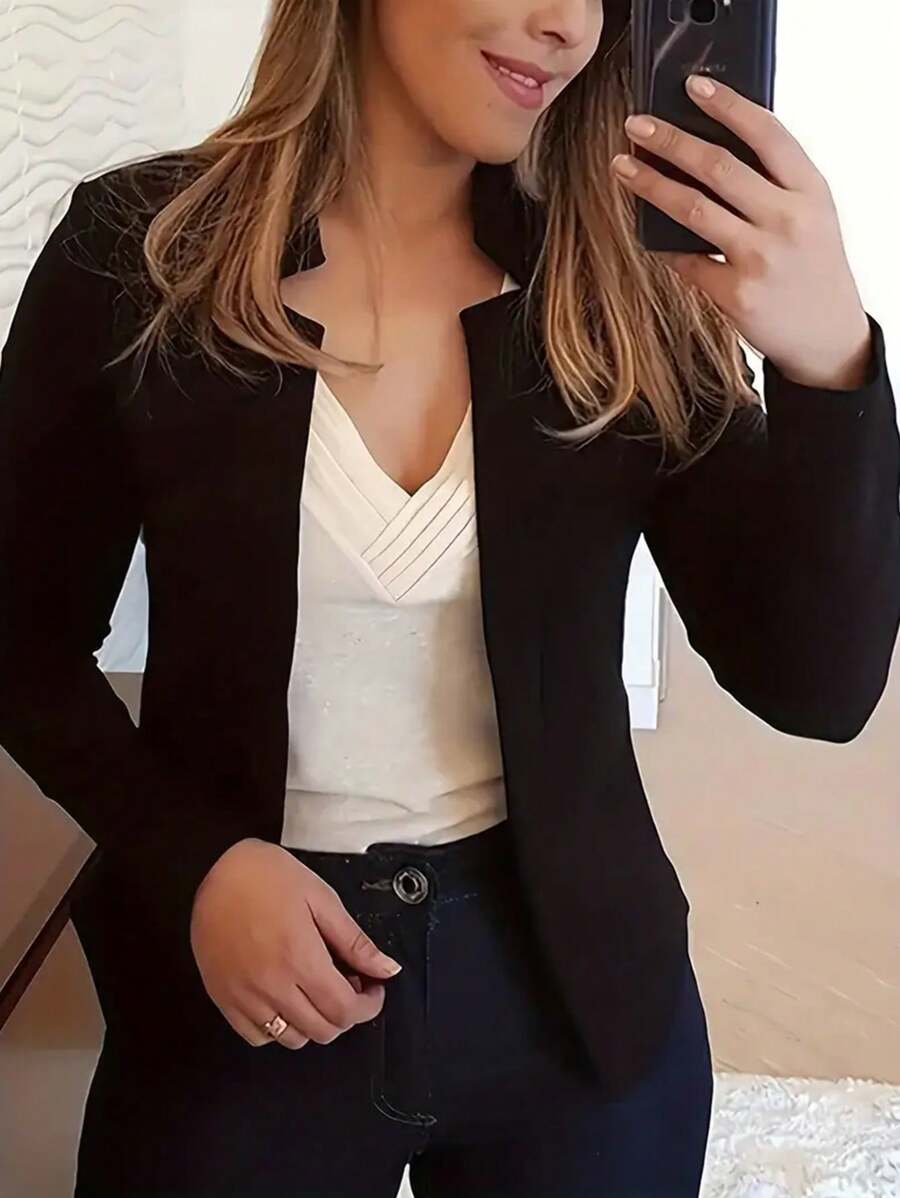INAWLY Solid Color Front Open Long Sleeves Casual Jacket Fall Winter Cloth For Women - Black - View 1