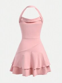 SHEIN Girlism Teen Girl Knitted Waist & Ruffle Detail Casual Halterneck Sundress Graduation Dress - Baby Pink - View 2