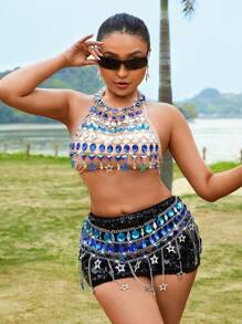 Zolique Women's Sparkly Diamond Chain Strap Tank Top And Skirt Set - Blue - View 5