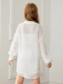 SHEIN Cô gái Tween Đan Màu thuần Lỏng lẻo Áo sơ mi & Đan Màu thuần Áo ba lỗ & Đan Lỏng lẻo Quần short 3pcs - trắng - Xem 2