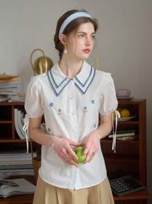 Simple Retro Simple Retro Women's Contrast Color Double-Layer Square Neck Embroidered Shirt Summer Tops Summer Clothes Women Commuter Office Interview French Elegance