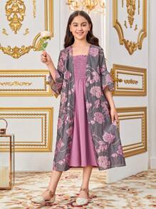 SHEIN Tween Girls' Losse Casual Jacquard Open Front Jas Met Spaghettibandjes Jurk Tweedelige Set