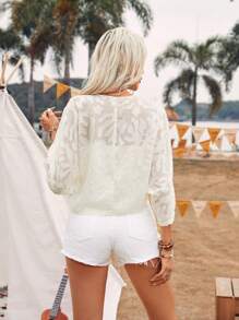 Breezaya Women's Solid Color Cutout Batwing Sleeve Tie Front Shirt - Apricot - View 2