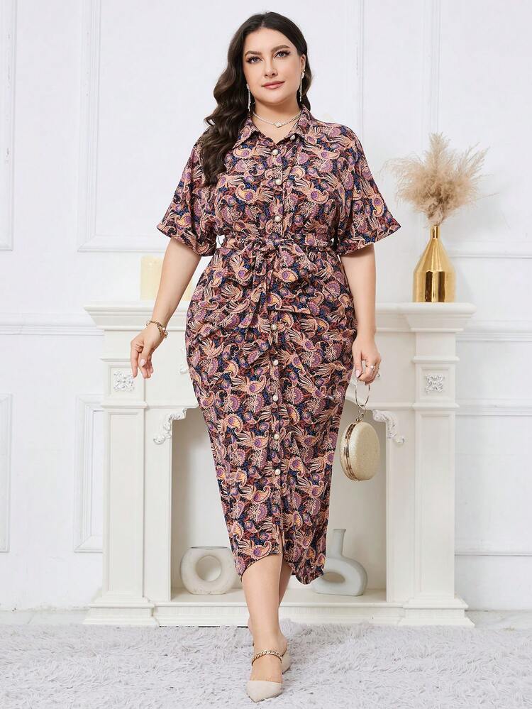Plus Size Women's Short Sleeved Shirt Dress With Paisley Pattern