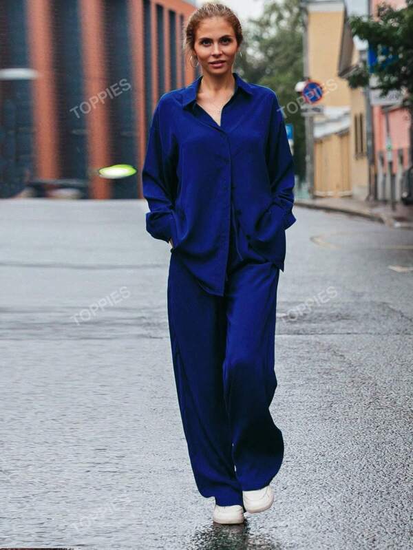 Solid Drop Shoulder Shirt & Wide Leg Pants