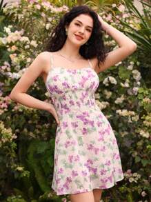 Aveloria Vestido corto con cintura fruncida para mujeres con estampado floral aleatorio y contrastante