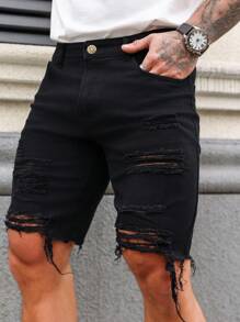 Manfinity LEGND Men Ripped Raw Hem Denim Shorts Jorts Vacation Plain Black Denim Shorts, For Husband, Boyfriend Gifts - Black - View 5