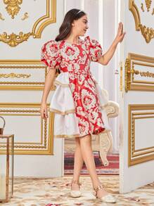 SHEIN Tween Girl Casual Round Neck Bubble Sleeve Patchwork A-Line Dress - Red - View 6