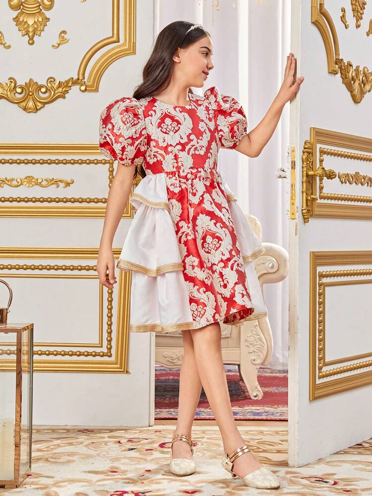 Tween Girl Casual Round Neck Bubble Sleeve Patchwork A-Line Dress