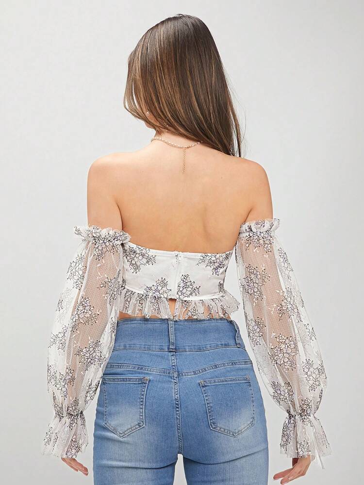 Summer Spring Women's Off-Shoulder Flower Pattern Printed Lace Splice Cropped Top