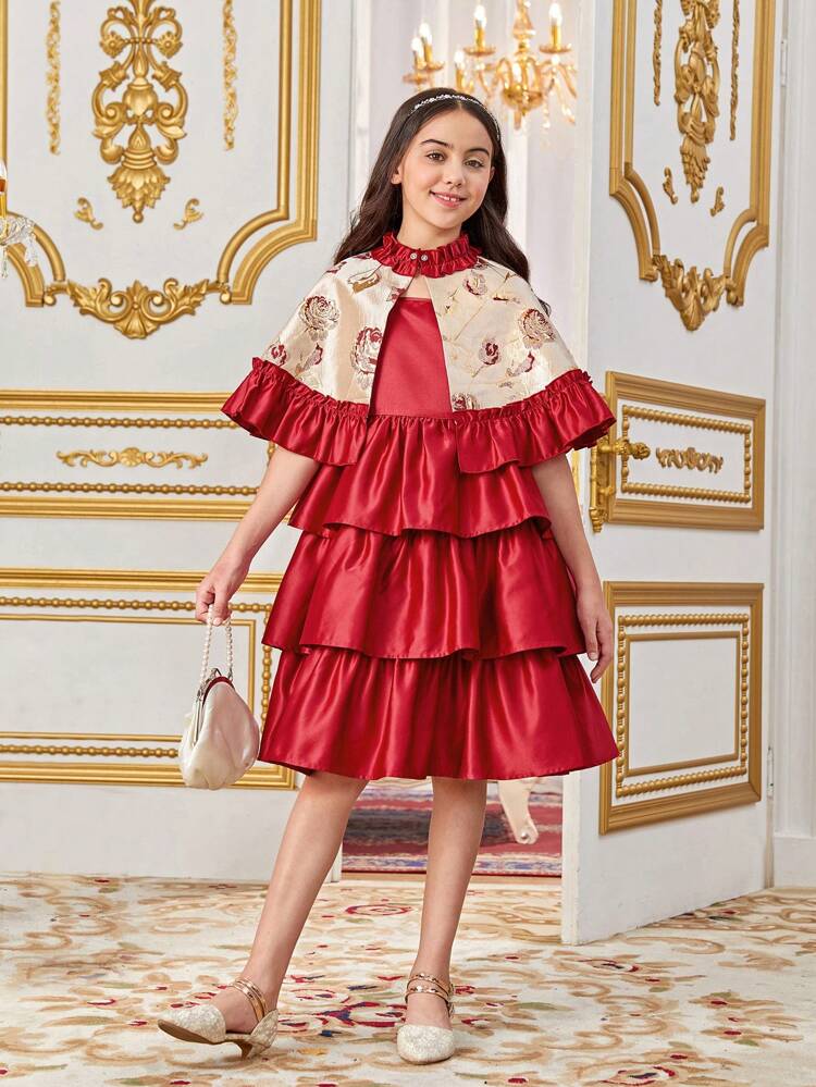 Tween Girls' Cute Shawl Neckline Dress & Cape Two Pieces Set