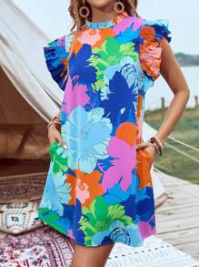 Princess Sleeve Ruffle Tropical Floral Dress With Pocket For Holiday & Casual