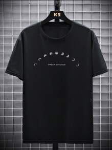 Men's Moon Print Raglan Short Sleeve Casual Loose T-Shirt, Emo - Black - View 5