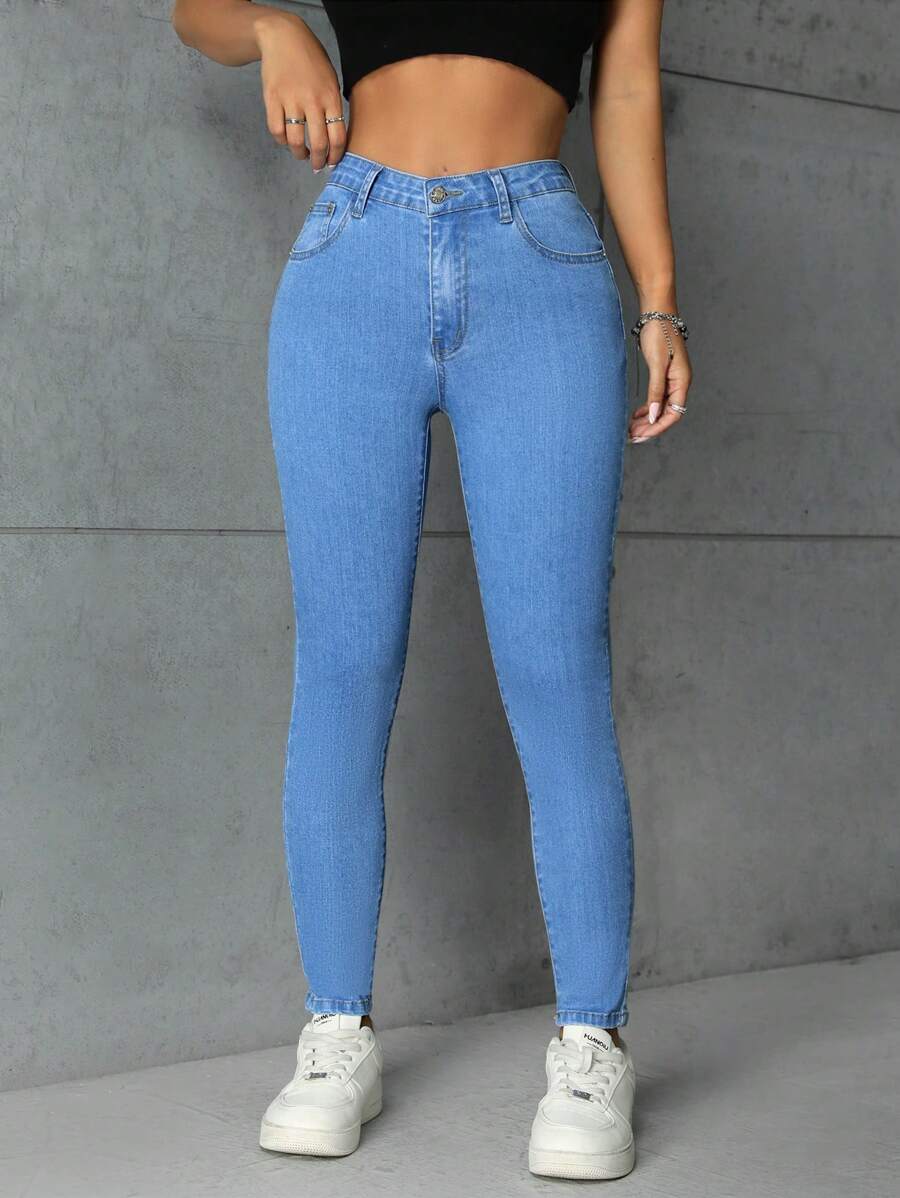 SHEIN PETITE Jeans Skinny Versátiles De Moda Para Mujeres - Lavado ligero - Ver 1