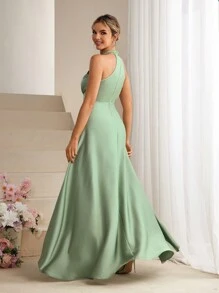 SHEIN Belle Solid Color Asymmetrical Hem Sleeveless Bridesmaid Dress With Waist Belt - Green - View 2