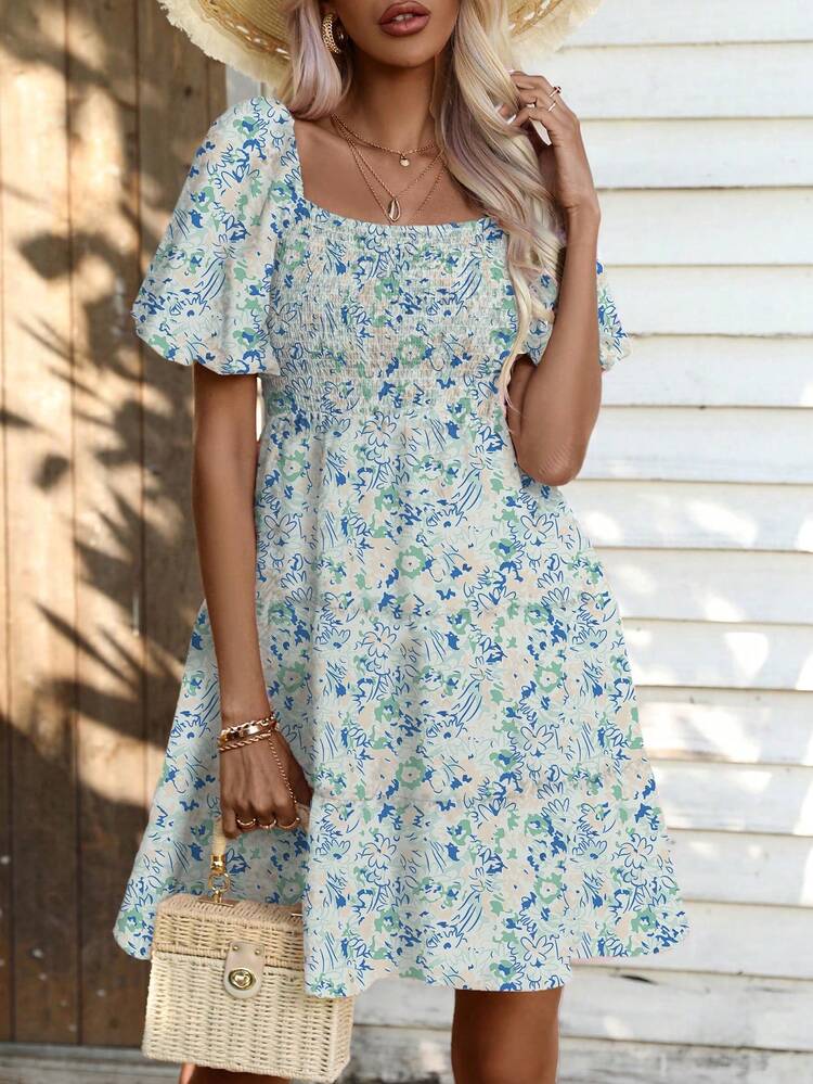 Plus Size Floral Printed Square Neckline Bubble Sleeve Dress
