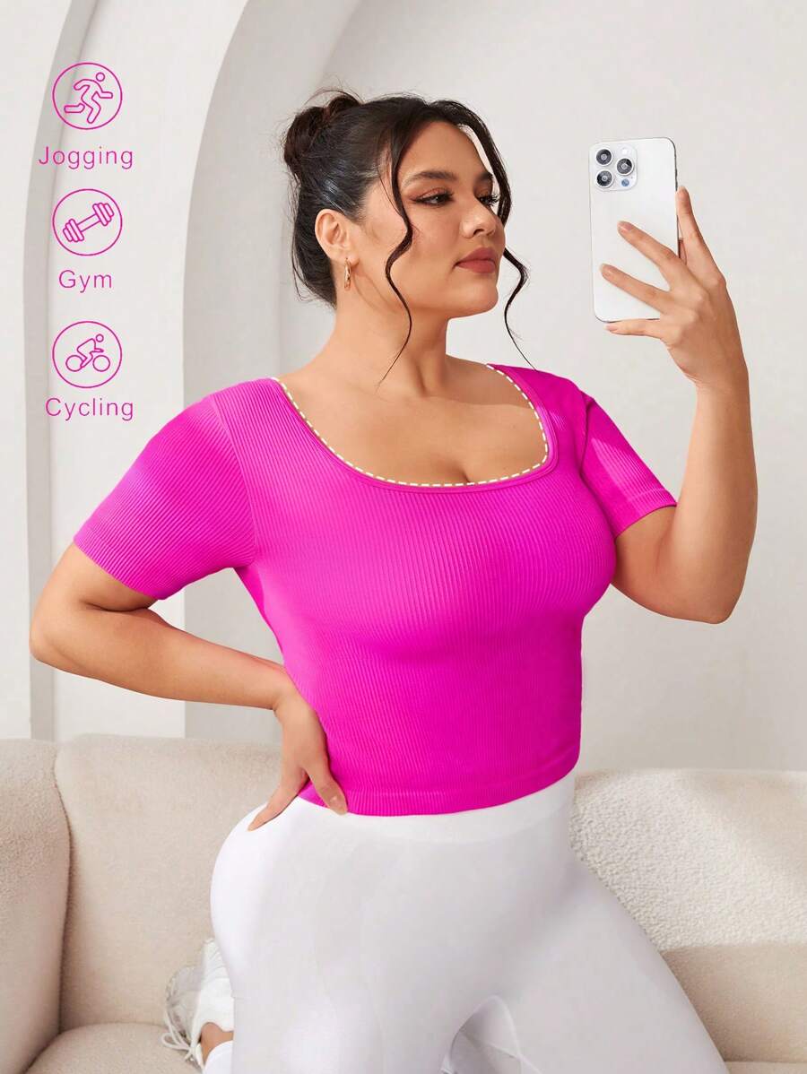 Gameset SHEIN Sport Plus Size Solid Color Ribbed Knitted Sports T-Shirt