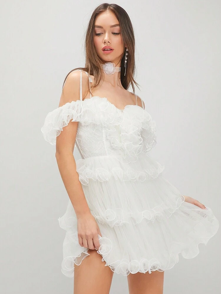 Women's Off Shoulder Ruffle Sleeve Solid Color White Lace Homecoming Dresses Graduation
