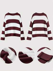 女士圆领落肩长袖宽松休闲条纹毛衣秋冬季 - 酒紅色 - 查看 4