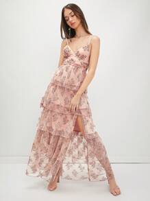Enchnt Women's Floral Lace High Slit Spaghetti Strap Dress