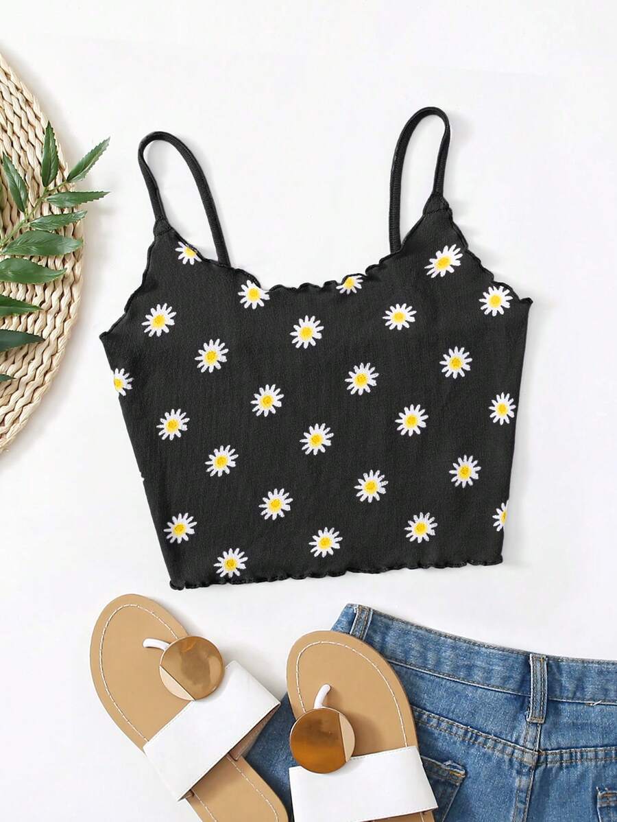 SHEIN WYWH Top De Tirantes Con Estampado De Margaritas Y Ribete De Lechuga Para Mujeres - Negro - Ver 1