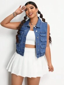 SHEIN EZwear Kích thước lớn Nhiều túi 3D Cái túi Áo khoác Áo vest - Rửa tối - Xem 3