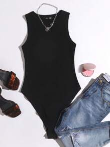 SHEIN EZwear 纯色紧身连身衣，简约时尚休闲日常装 - 黑色 - 查看 6