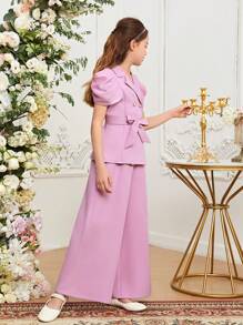 Tween Girl 2pcs/Set Contrast Collar Short Bubble Sleeve Top And Pants - Pink - View 4