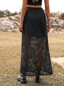Breezaya Falda larga transparente de encaje unicolor, look de vacaciones en la playa para mujer - Negro - Ver 2