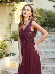 BABYONLINE D.R.E.S.S. New Sequin Computer Embroidery Sleeveless Dress Formal Ball Gown For Women - Burgundy - View 3