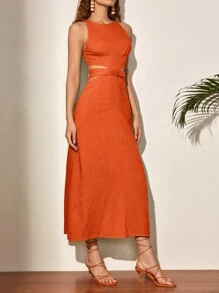 SHEIN VCAY 純色中空高腰後交叉肩帶無袖裙 - 橘色 - 查看 4