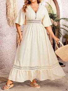 Breezaya Plus Size Lace Splicing V-Neck Dress With Lotus Leaf Hem Maxi Women Outfit