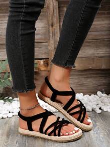 2025年新款女士平底圆头波西米亚编织带休闲户外沙滩凉鞋，夏季 - 黑色 - 查看 3