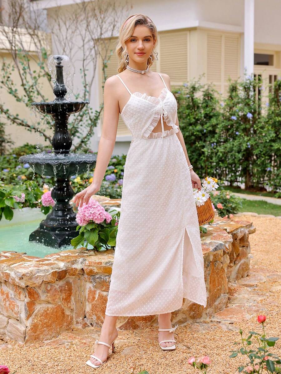 Aveloria Holiday Floral Cutout Textured Fabric Ruffle Trim Waist Belt Split Cami Dress